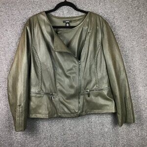 Offset Zipper Faux Leather Jacket Sz XL Braided Detail Olive Green